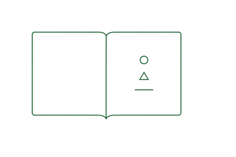 Open book with simple geometric symbols